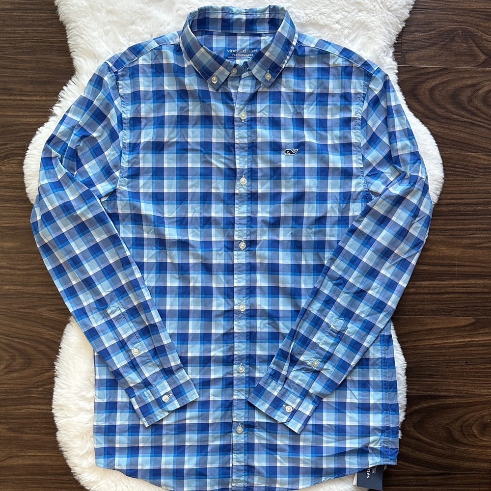 NWT Vineyard Vines Boys Plaid OTG On The Go Whale Button Down Shirt Jake Blue V3